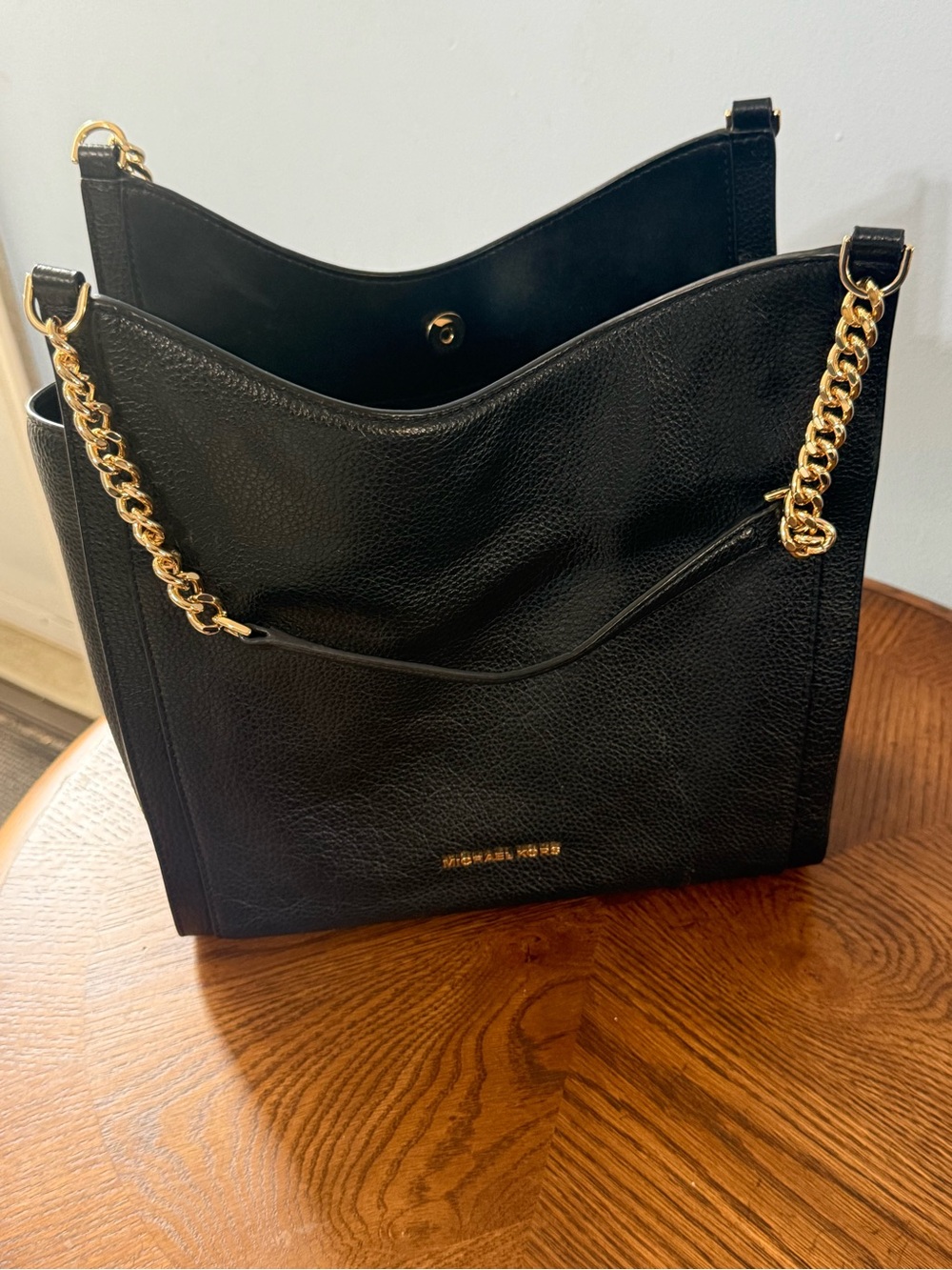Michael Kors Black Pebbled Leather Tote with Gold Chain Strap
